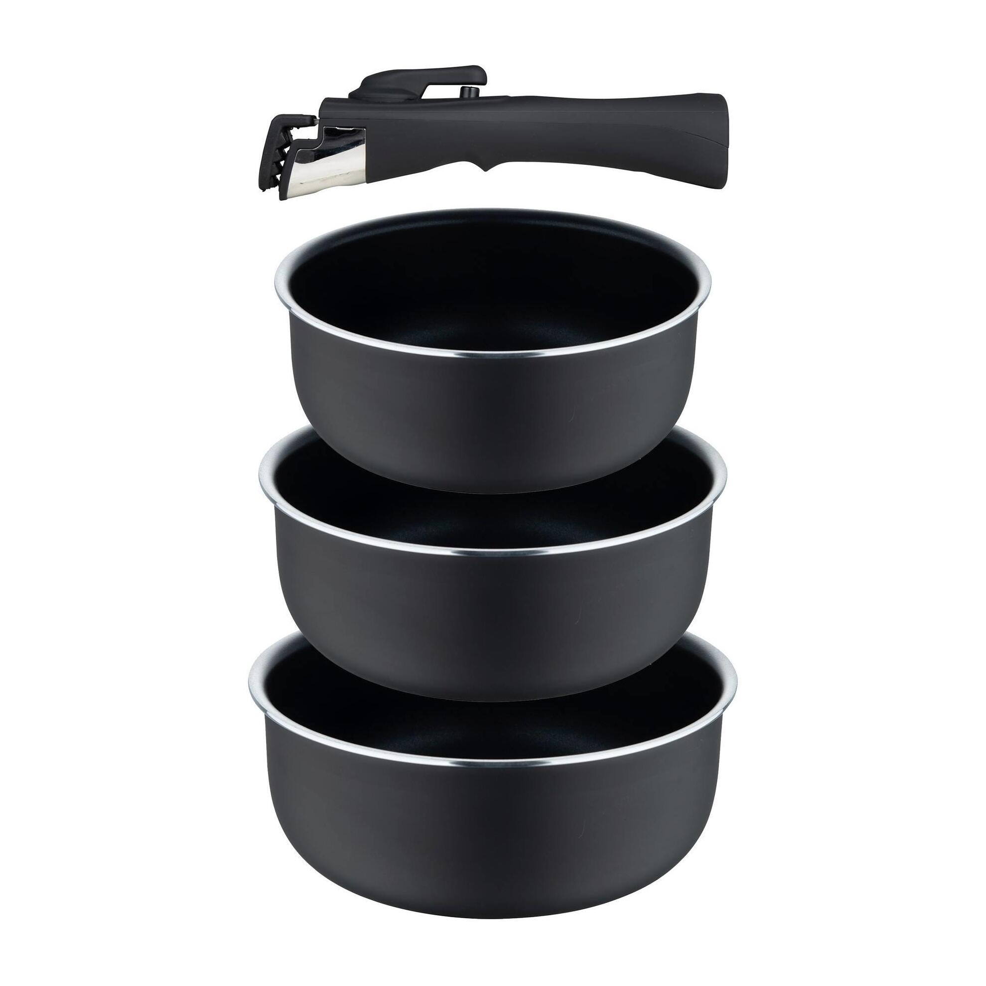 juego de 3 cazos ø16ø18ø20cm aluminio prensado y heat dot + mango desmontable negro