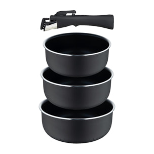 juego de 3 cazos ø16ø18ø20cm aluminio prensado y heat dot + mango desmontable negro