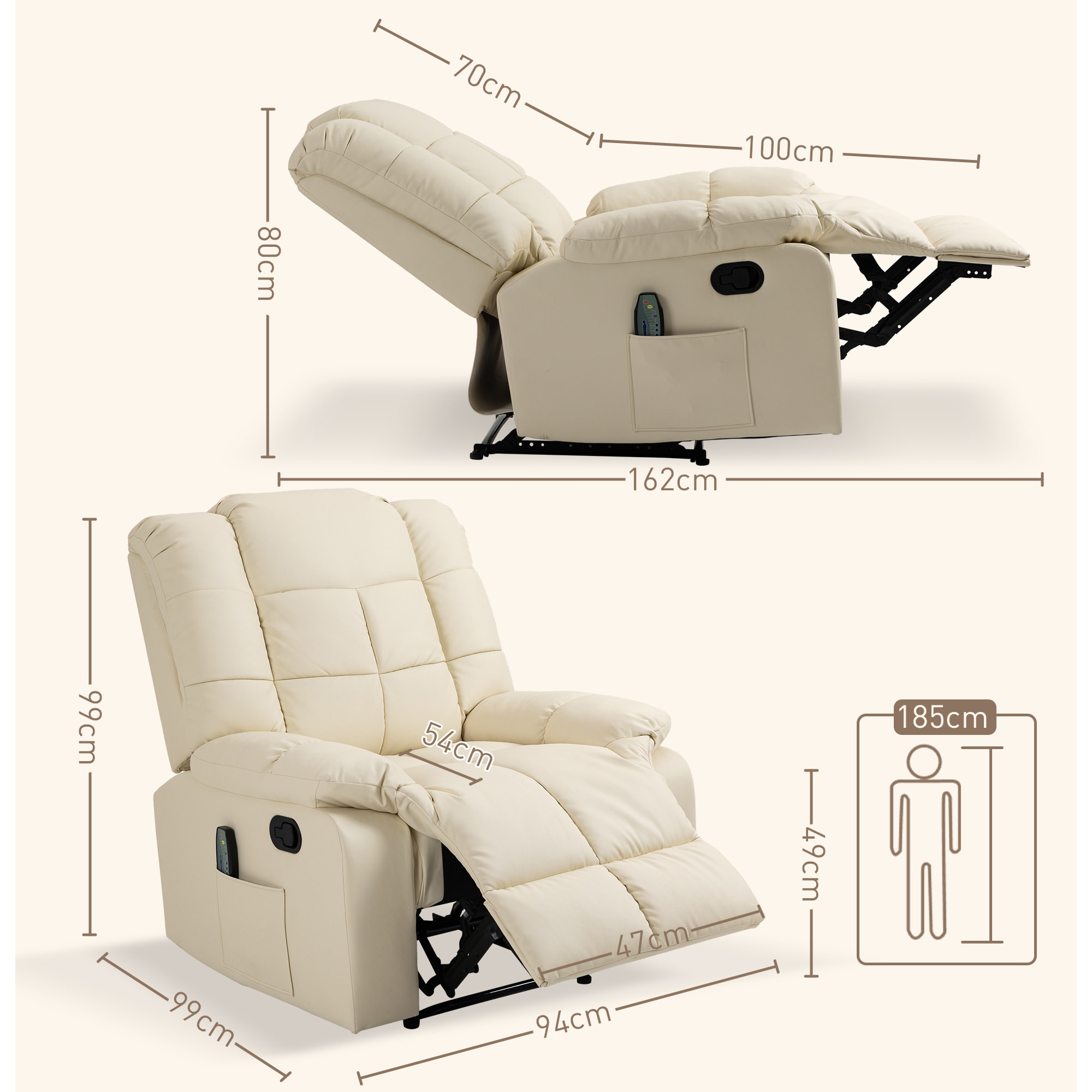 Sillón de Masaje, Sillón Relax Reclinable con 8 Puntos de Masaje, Mando a Distancia, Tapizado en PU, Reposapiés, Bolsillo Lateral, Butaca para Salón, Dormitorio, Crema