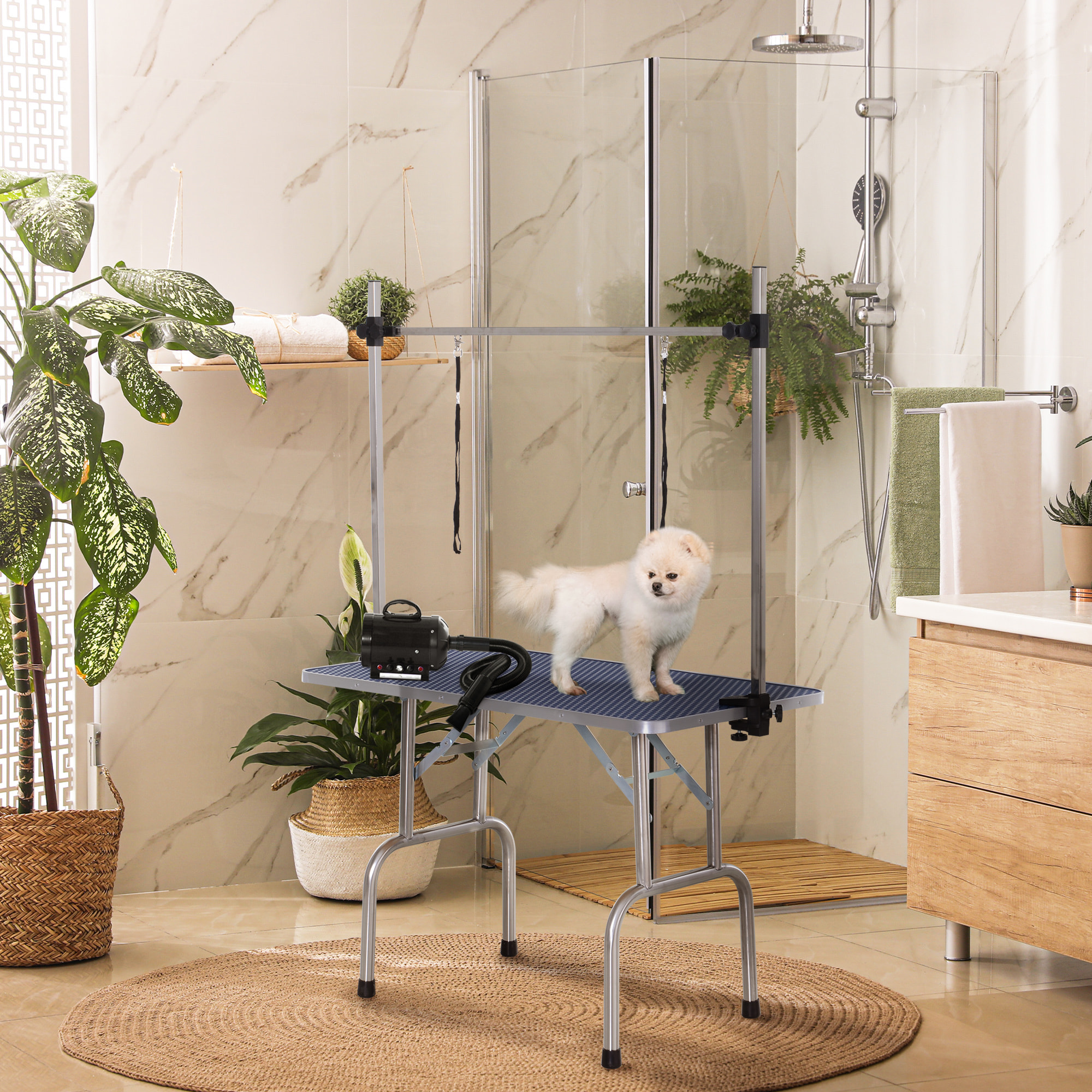 Conjunto para Mascotas Juego de Secador de Pelo para Perros 2800W y Mesa de Peluquería para Mascotas Plegable con Altura Ajustable 40x16x20 cm 107x60x170 cm Negro y Azul