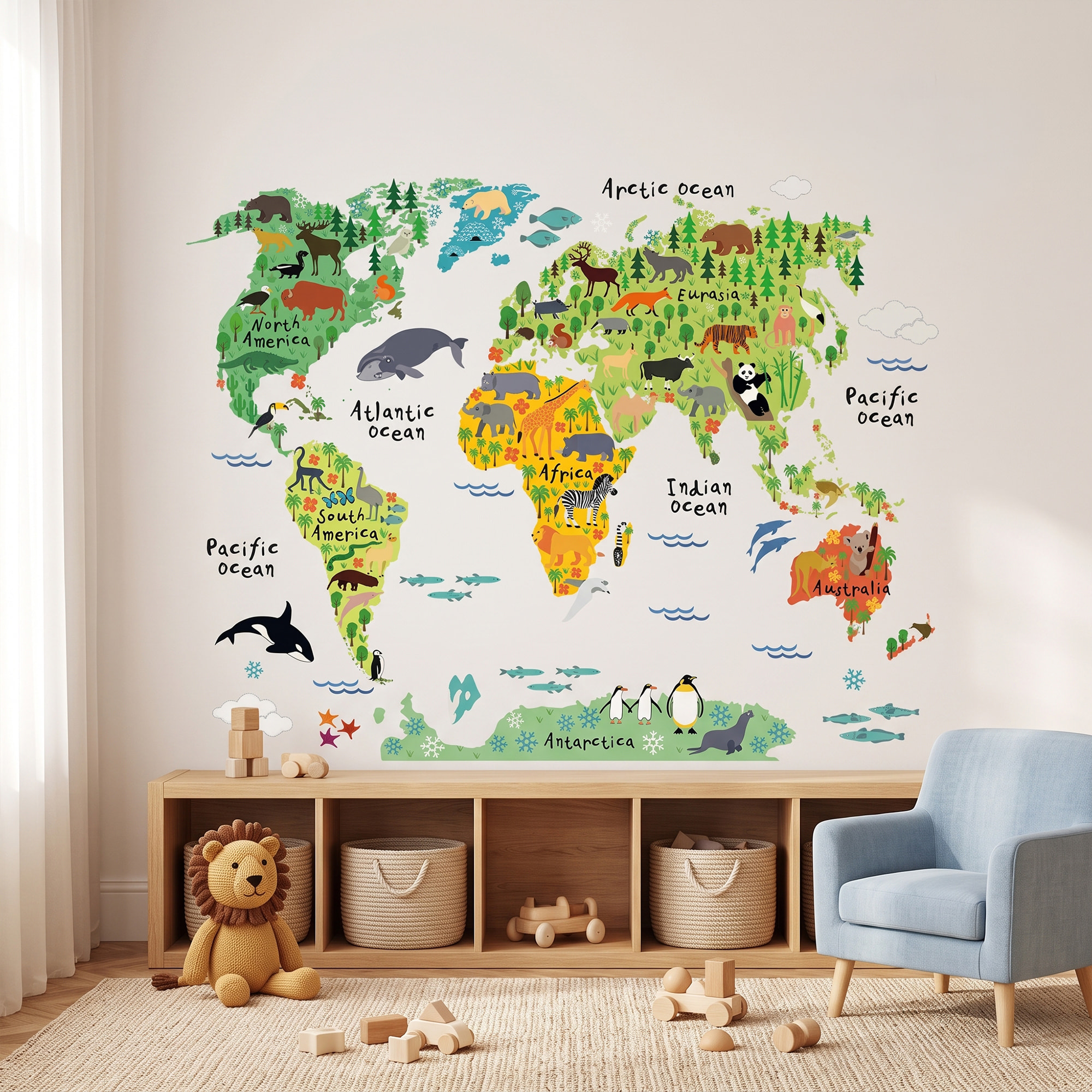 Stickers Muraux décoration adhésifs carte du monde pour enfants animaux du monde
