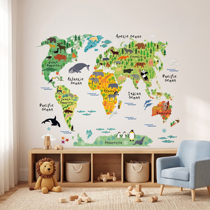 Stickers Muraux décoration adhésifs carte du monde pour enfants animaux du monde