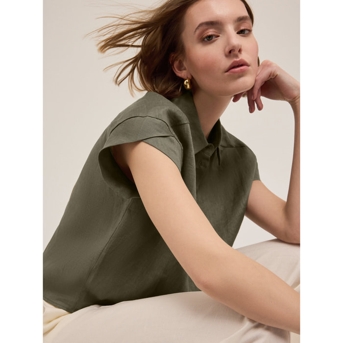 Motivi - Camisa de manga corta de lino - Verde militare