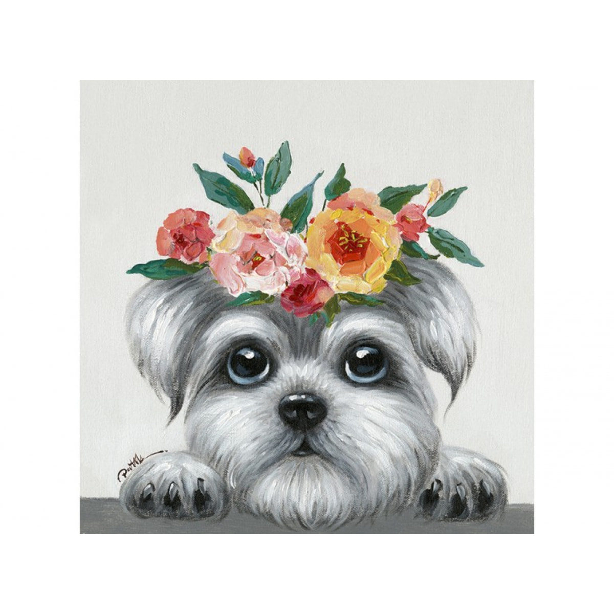 Peinture sur toile cadre décoratif chien couronne fleuri - YORKY