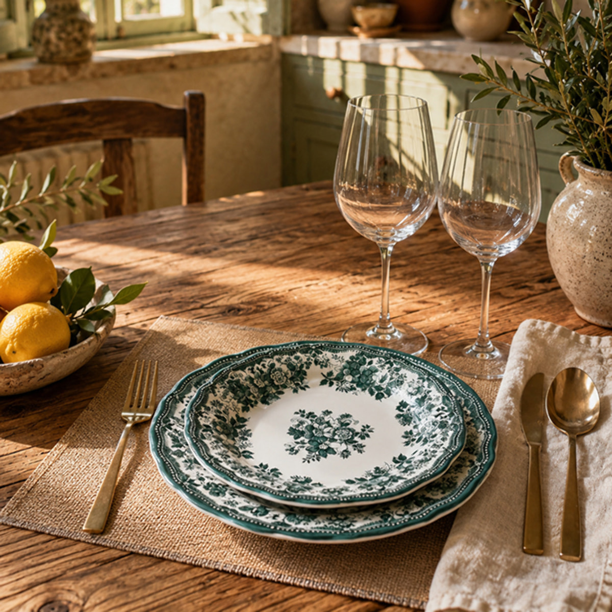 Service de table 36 pièces en grès blanc et vert FAUSTINE