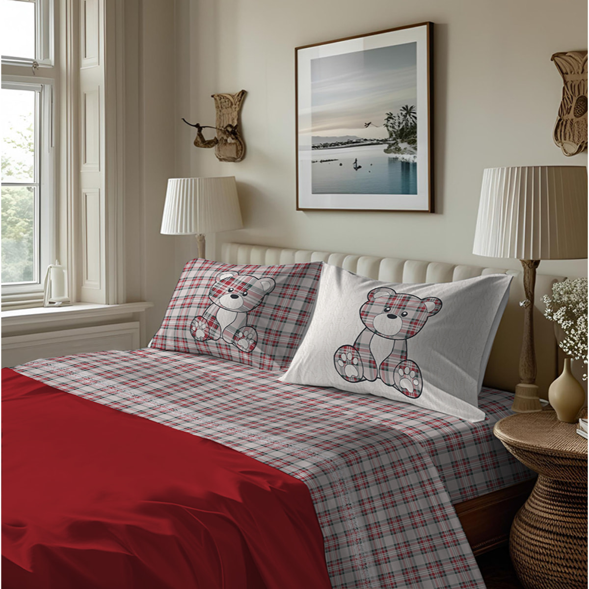 Completo letto in flanella tartan orsetto rosso flanella 100% cotone