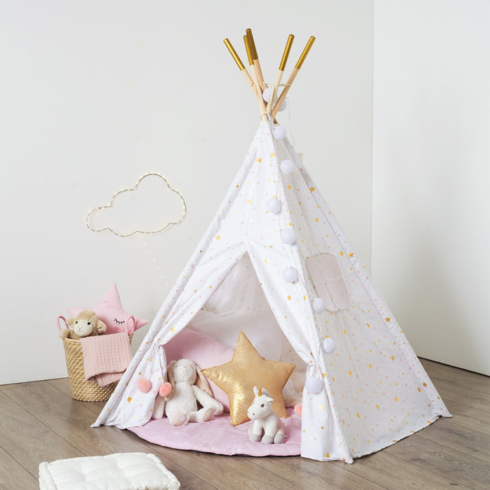 Tipi  alta gama Altura 160 cm Blanco con estrellas rosa y oro