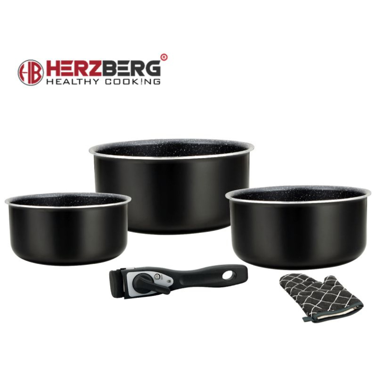 Batterie de cuisine revêtement pierre avec manche amovible 5 pièces noir Herzberg HG8051-BLK