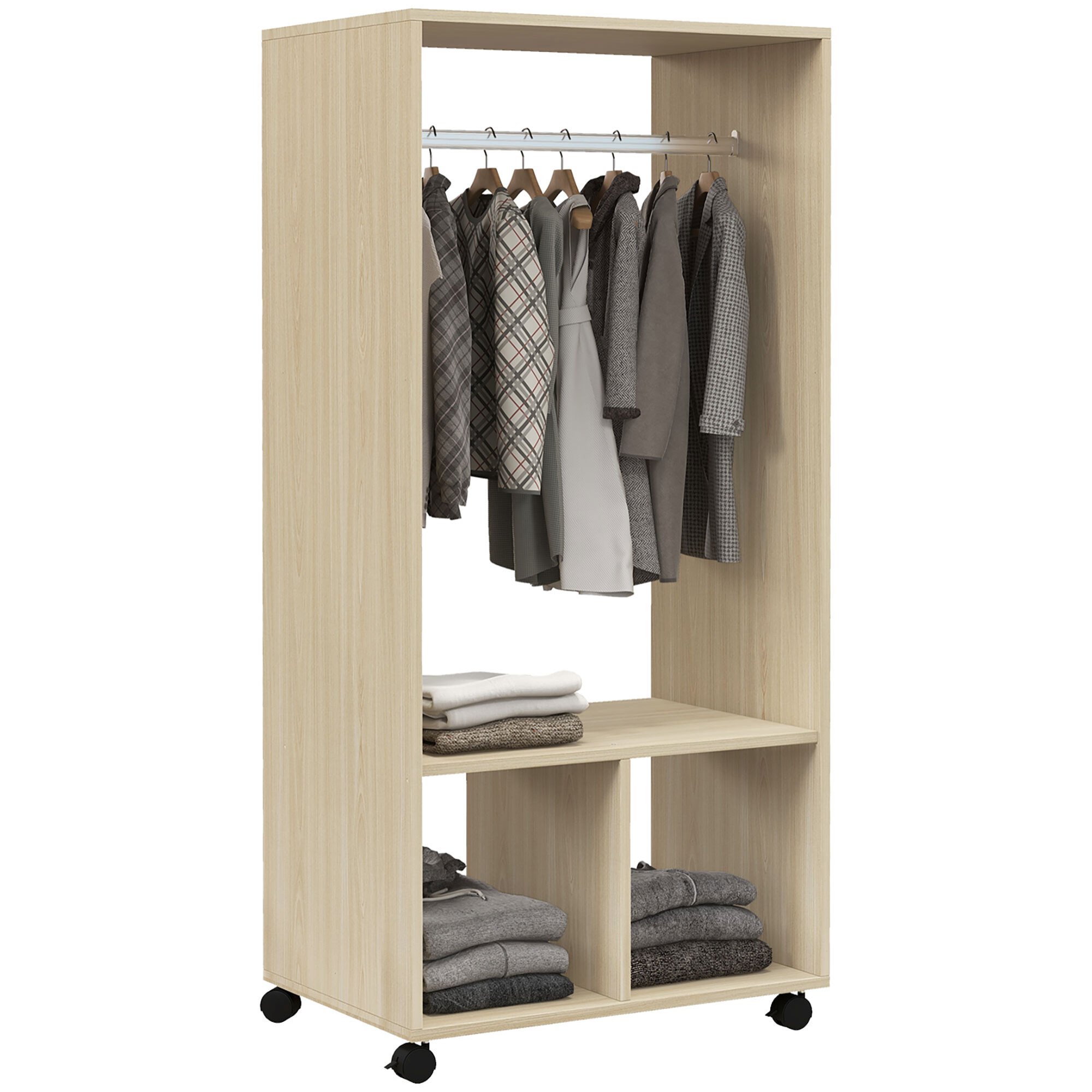 Armario Ropero con Ruedas Armario para Ropa con Barra Estantes Abiertos Organizador para Colgar Ropa de Dormitorio 60x40x128 cm Natural