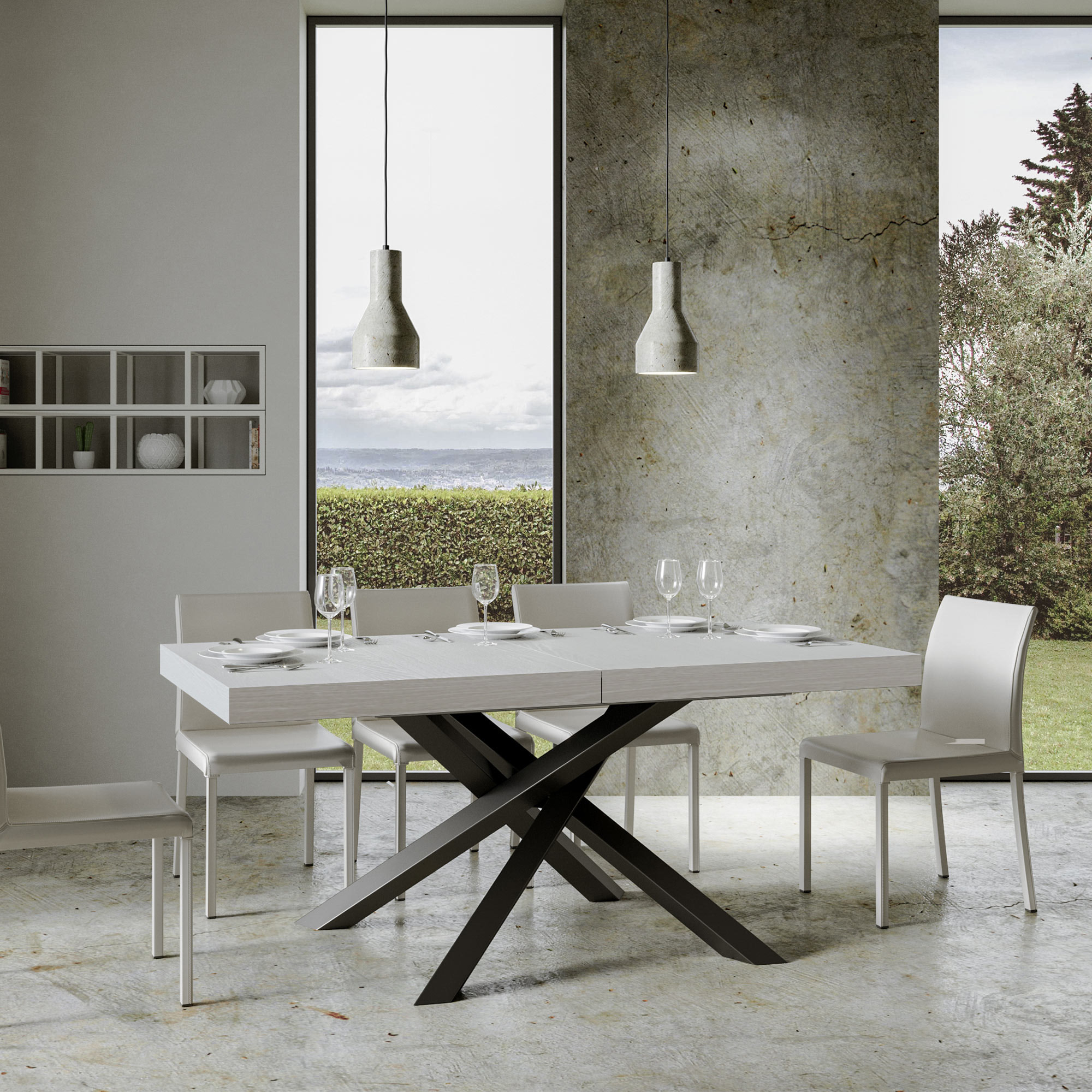 Mesa extensible 90x200/460 cm Volantis Fresno Blanco estructura Antracita