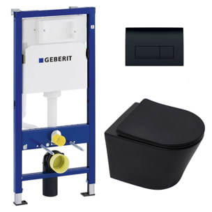 Pack WC sans bride Infinitio Noir mat + Abattant softclose + Bâti support Geberit UP100 + Plaque Noir brillante