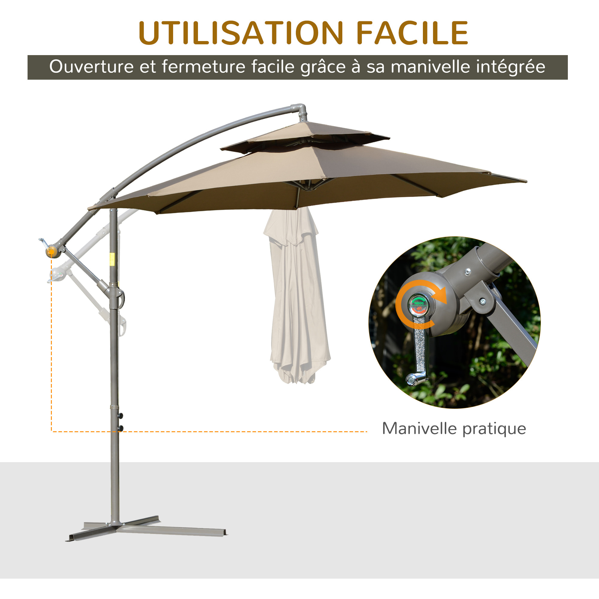 Parasol déporté octogonal inclinable manivelle Ø 2,65 x 2,45H m acier époxy polyester marron