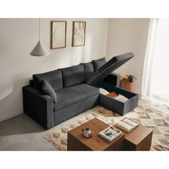 Cyrus - canapé d'angle réversible 4 places - convertible avec coffre - en velours côtelé - Gris foncé