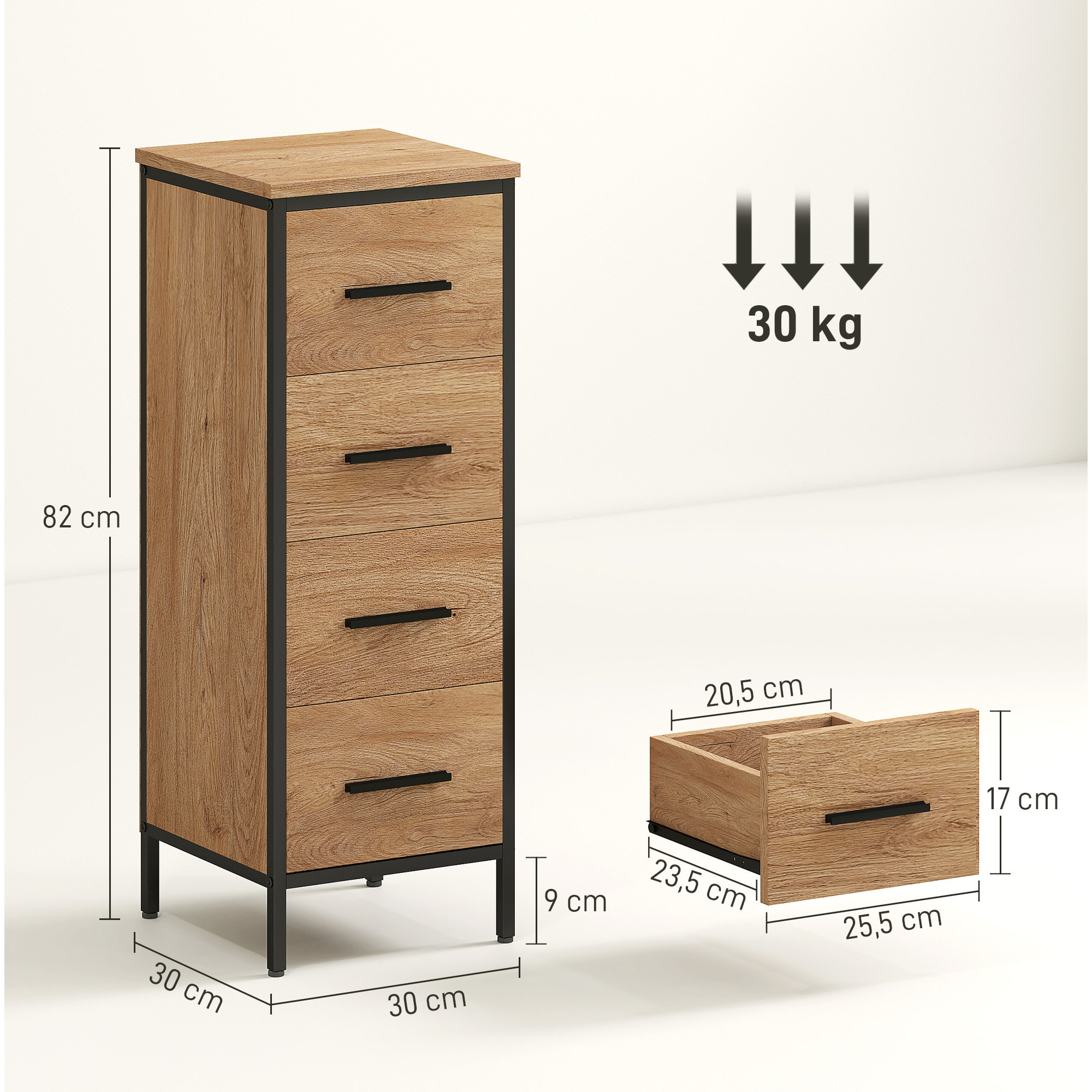 Armario de Baño Mueble de Baño Estrecho Cajonera con 4 Cajones y Estructura de Acero 30x30x82 cm Roble