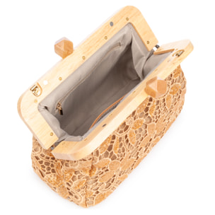 Borbera Borsa a tracolla Donna. Realizzata in legno naturale, cotone e juta con design a rete di tessuto floreale.