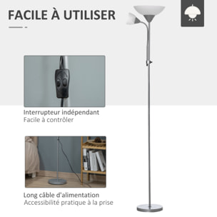 Lampadaire 2 têtes douilles E27 E14 base métal dim. Ø28 x 179,5H cm gris blanc