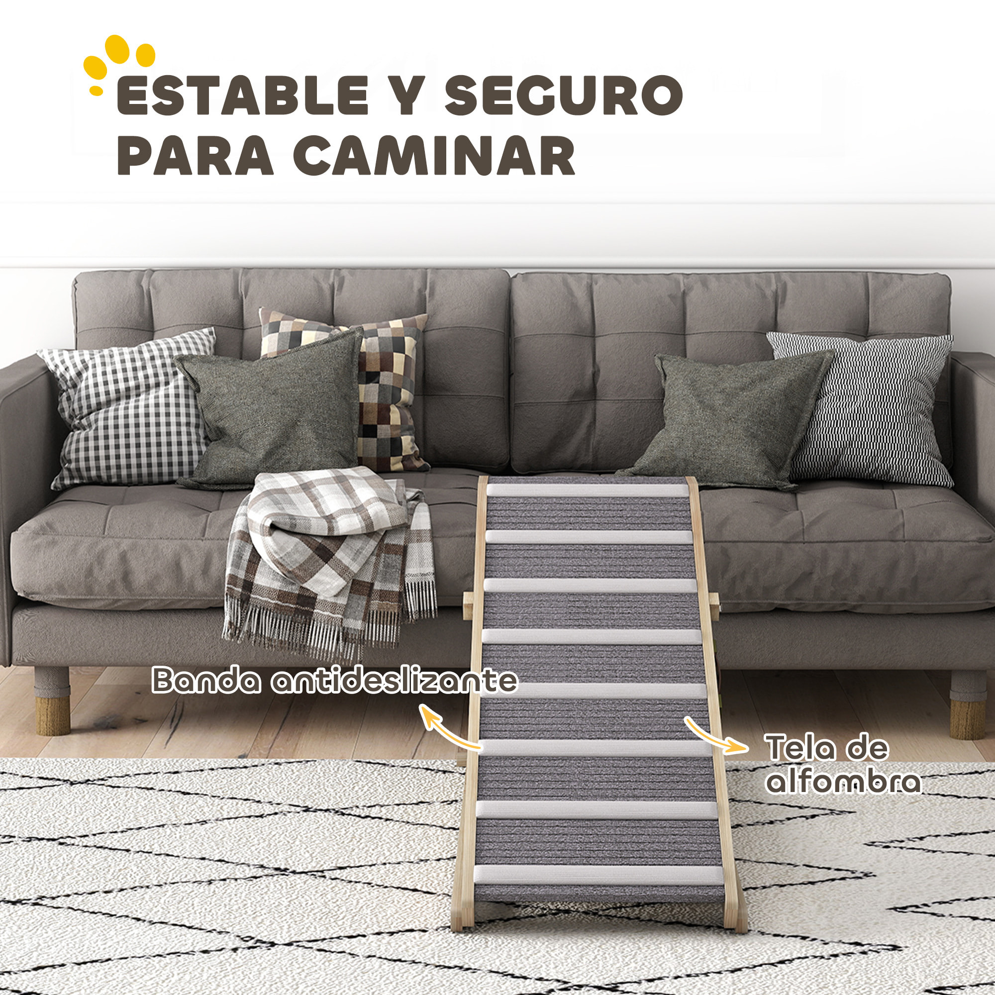 Rampa para Perros Plegable y Altura Ajustable 41-60 cm, Rampa para Mascotas de Madera con Alfombrilla Antideslizante y Asa, para Perros Pequeños Medianos y Grandes, para Cama Sofá, 120x50x60 cm