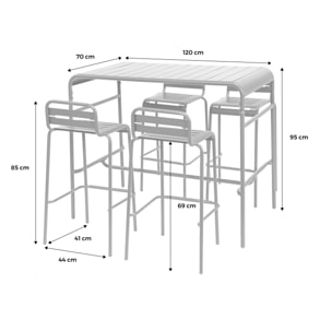 Table haute de jardin acier + 4 assises AMÉLIA