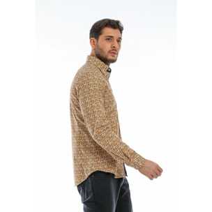 Camicia Uomo 1 Bottoni Button Down Slim Popeline Fantasia Bianco e Arancio