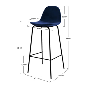 Lot de 2 chaises de bar en velours bleu foncé 75 cm - Henrik