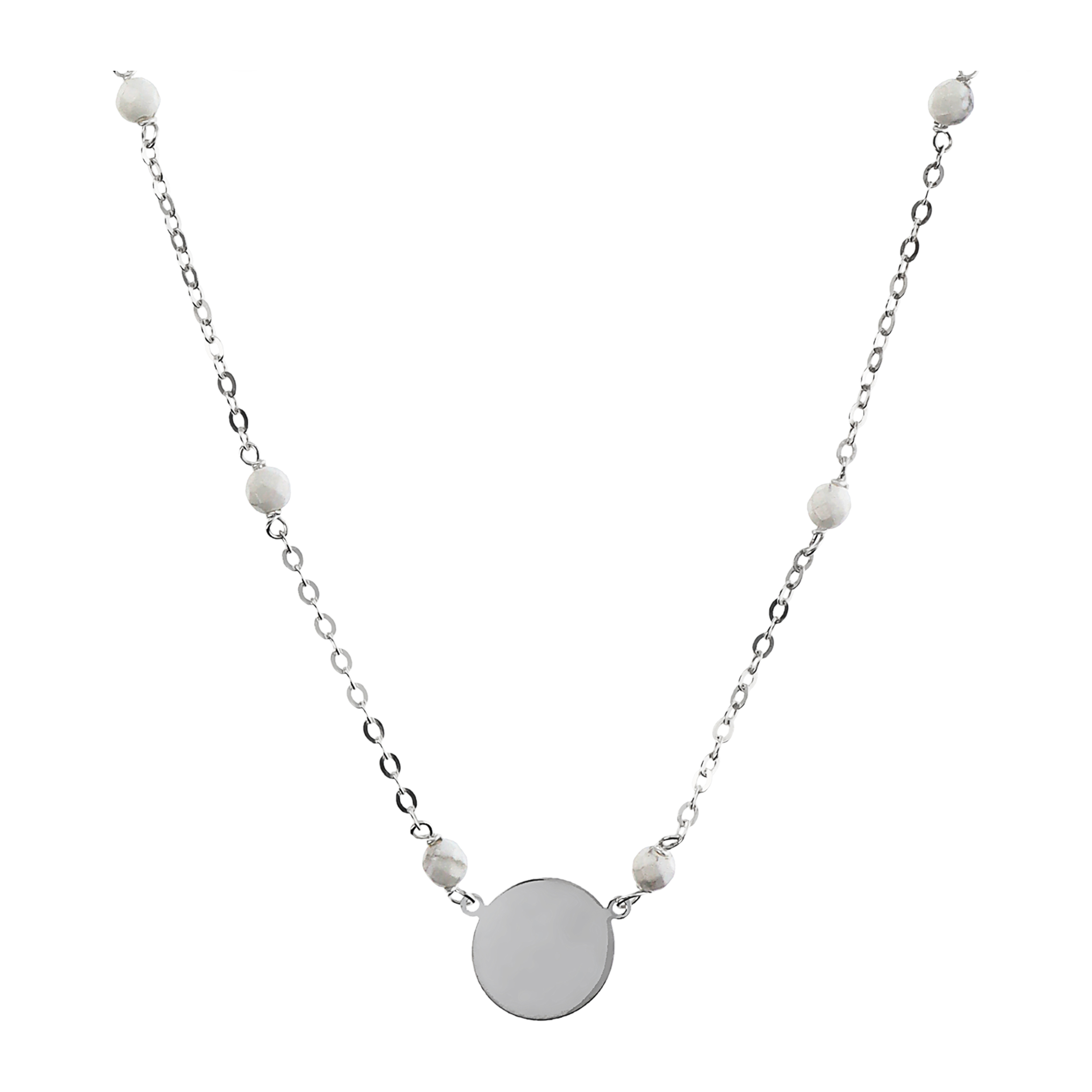 Collana Catena Rolo con Howlite Bianca e Pendente Tondo Argentato in Argento 925 placcato Rodio