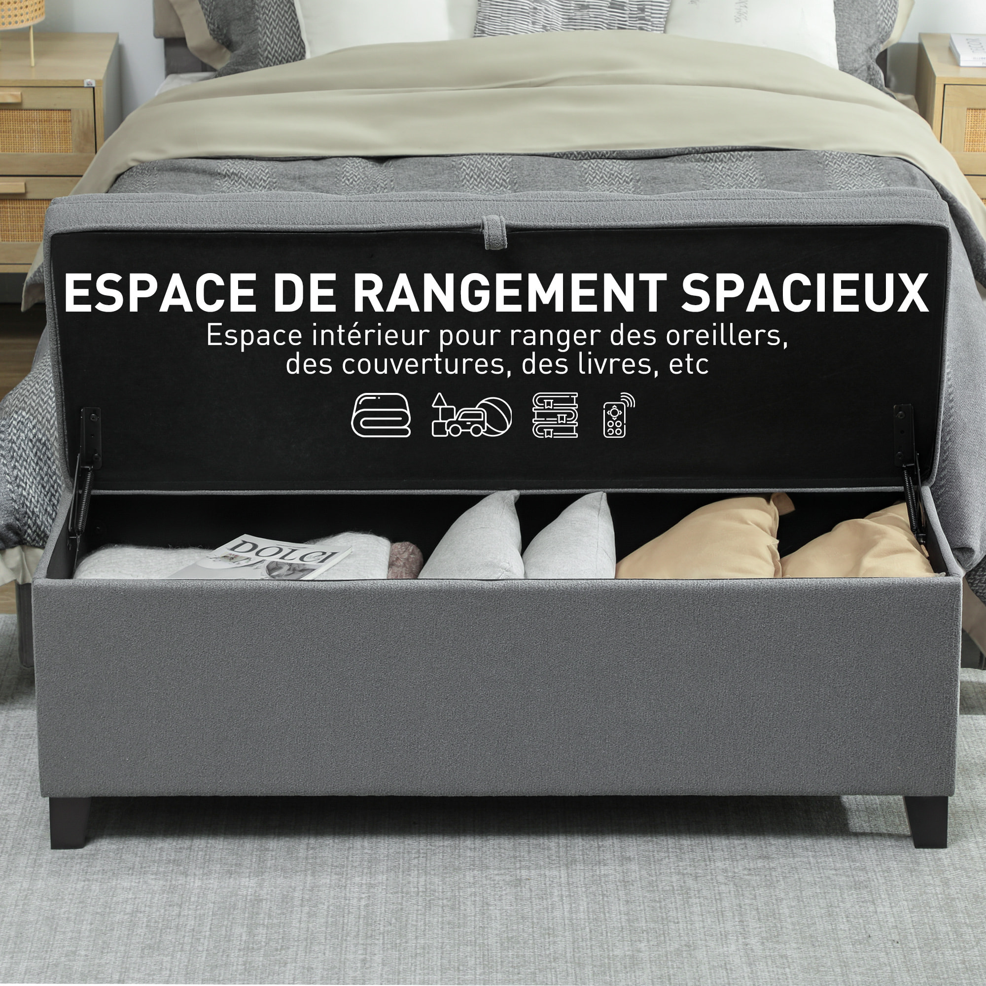 Banquette bout de lit coffre design Chesterfield dim. 120 x 40 x 48 cm tissu gris