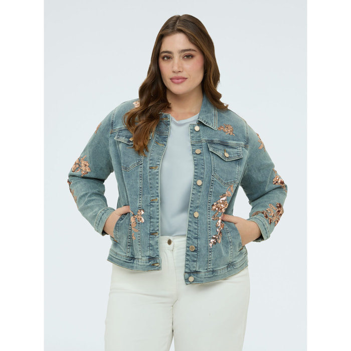 Fiorella Rubino - Chaqueta de denim con bordados florales de lentejuelas - Light - blue