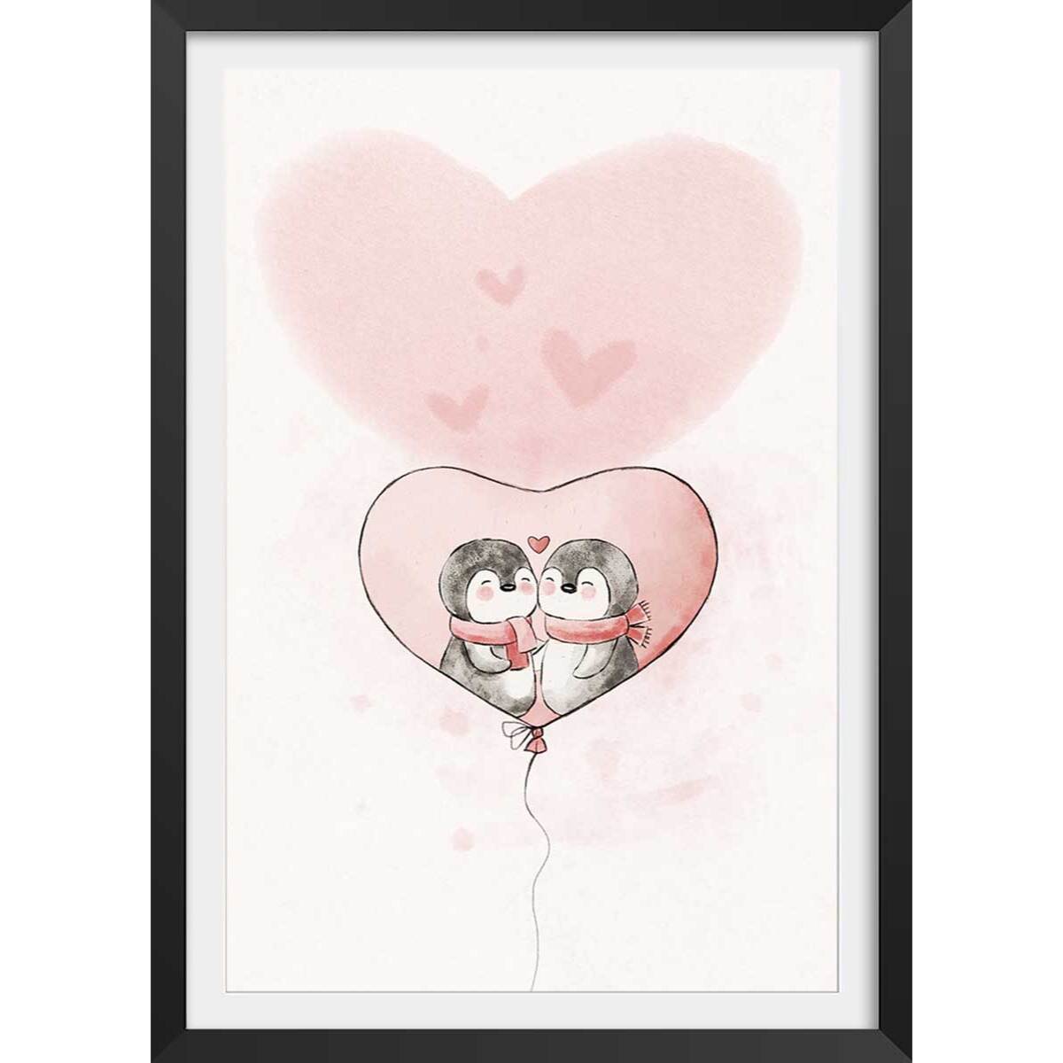 Affiche enfant pingouin amoureux  Affiche + cadre en bois - Noir