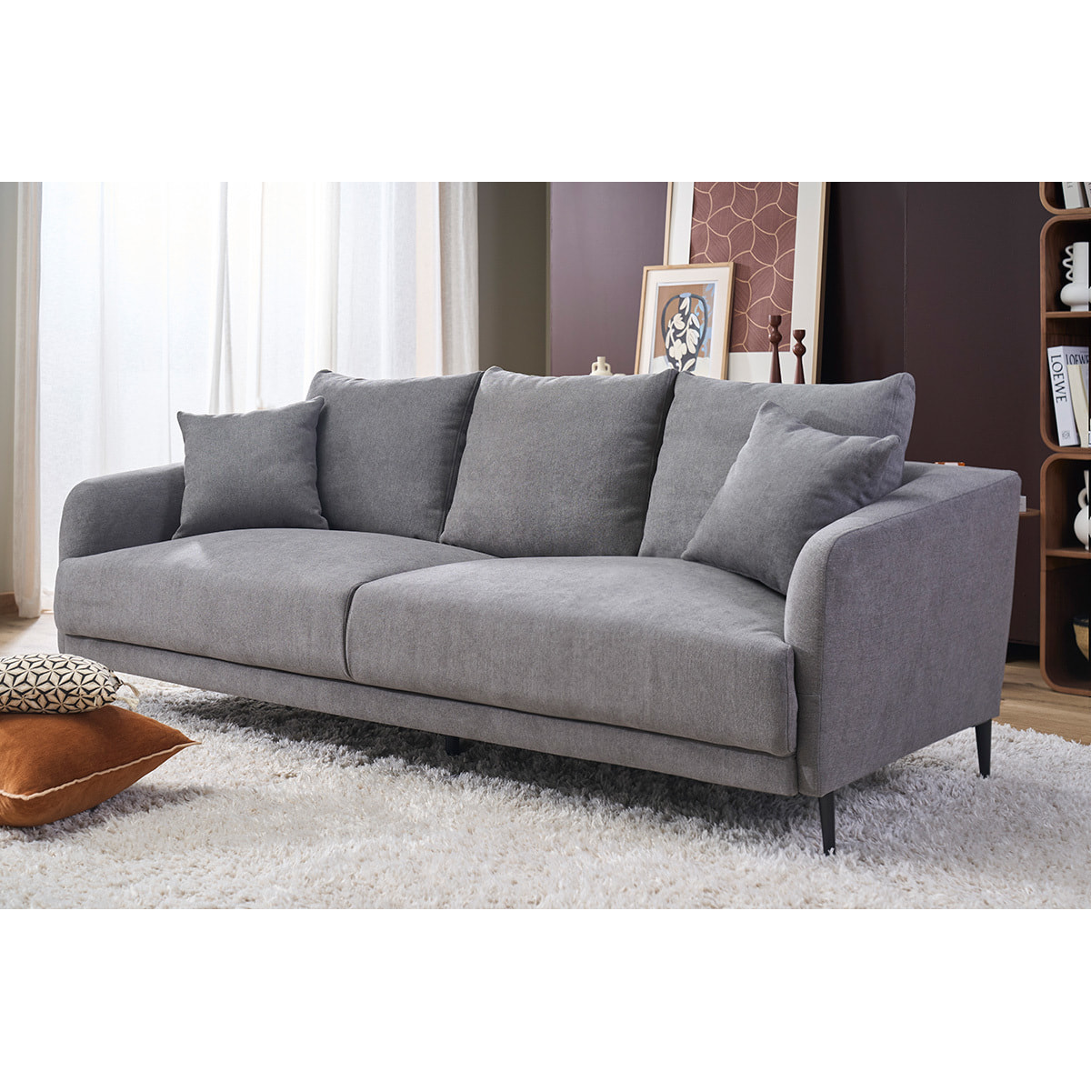 Canapé design 3 places en tissu effet velours gris et métal noir JERRY