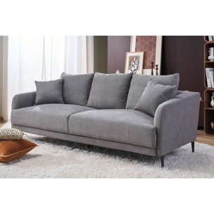 Canapé design 3 places en tissu effet velours gris et métal noir JERRY