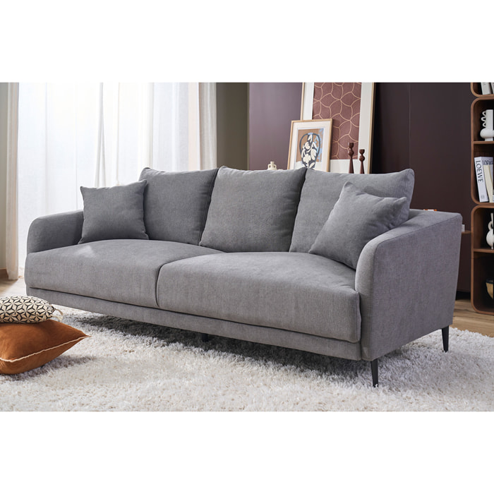 Canapé design 3 places en tissu effet velours gris et métal noir JERRY