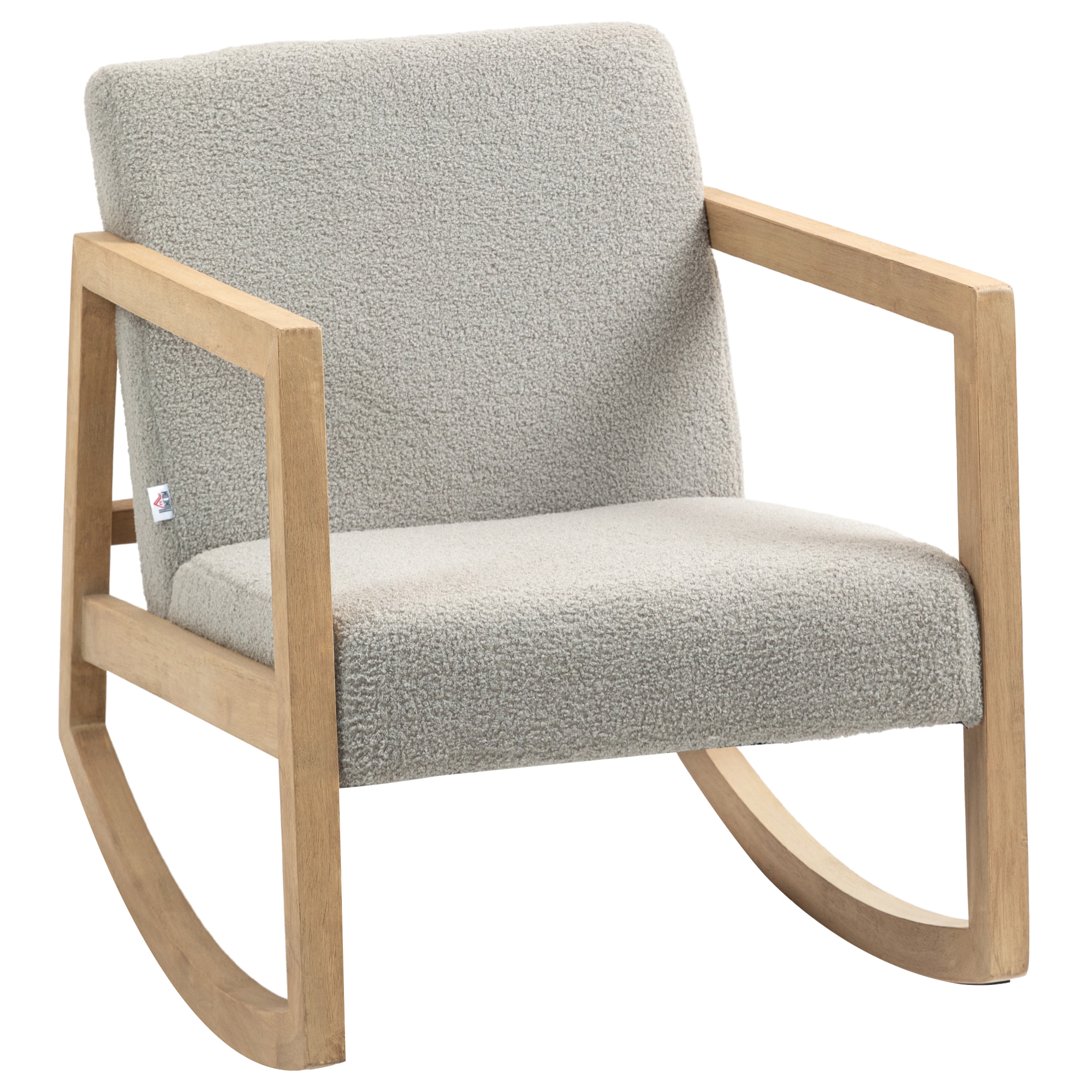 Fauteuil lounge à bascule bois hévéa revêtement effet peau de mouton polyester gris