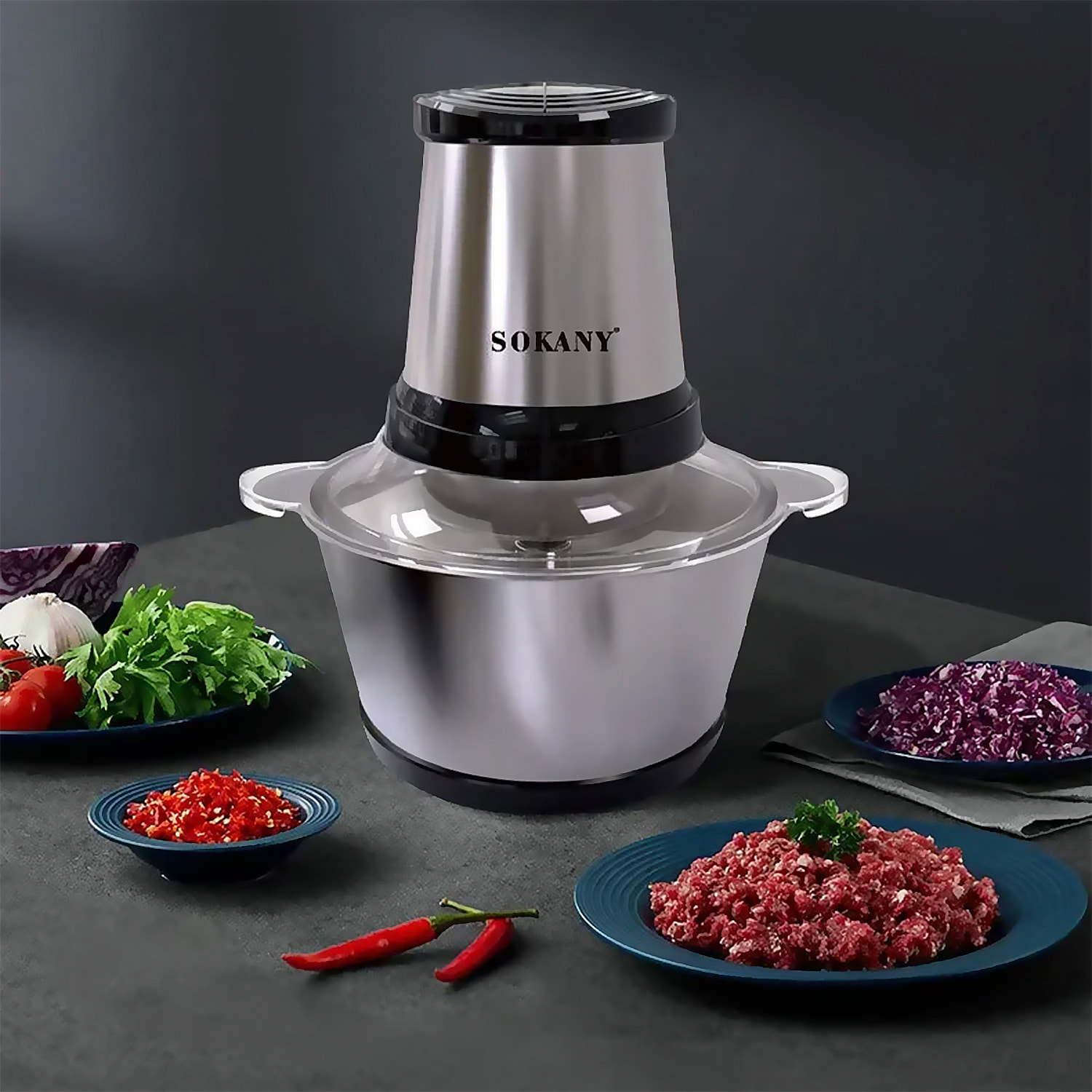 Picadora de carne eléctrica con 300W y recipiente de 2L. Diferentes funciones picado y corte con cuchillas de acero inoxidable.