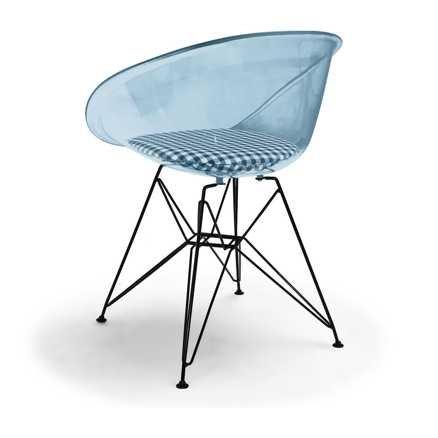 Manila - Set di 4 sedie di design in metallo e PP con cuscino a scacchi azzurro