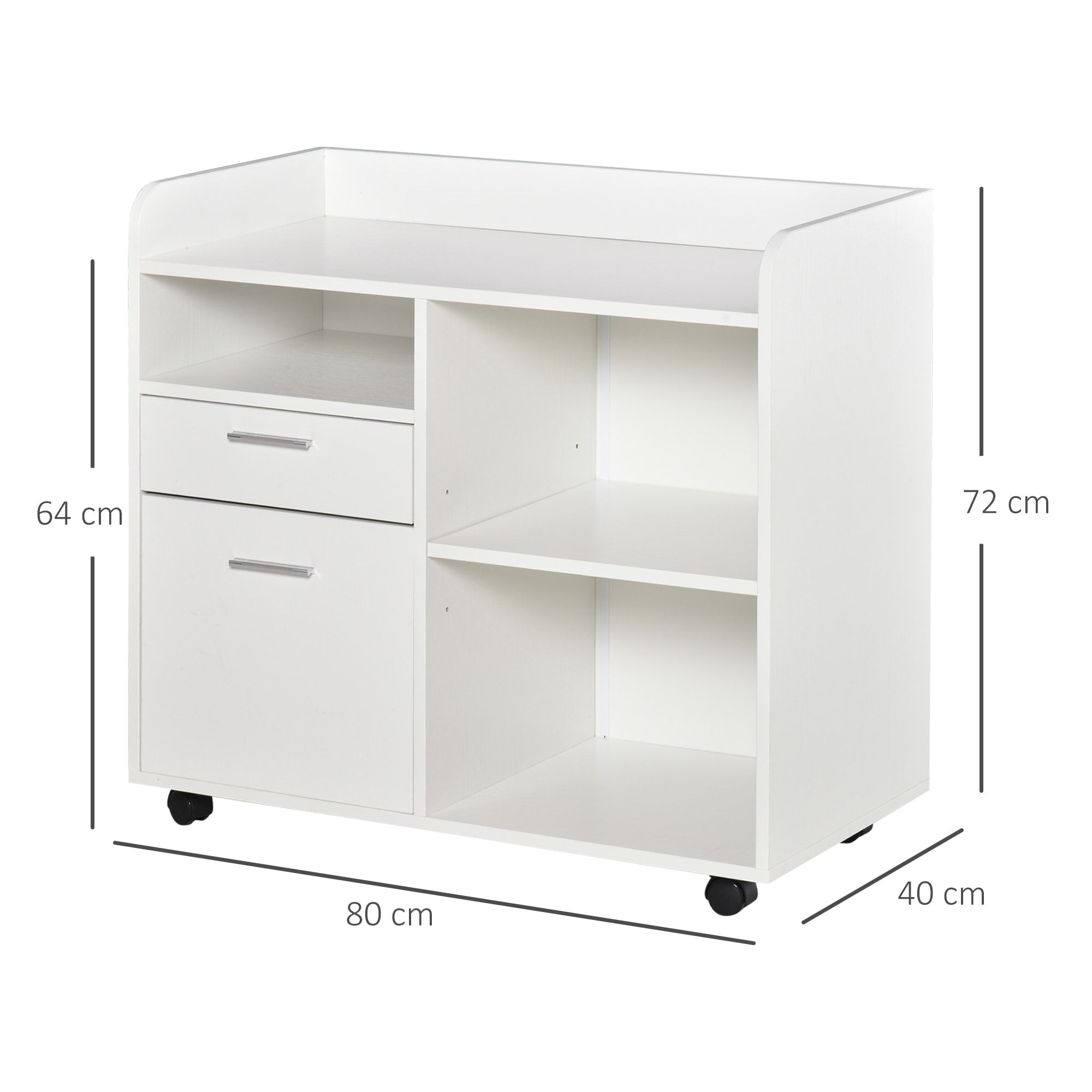 Armario para Impresora Carro Multifuncional de Oficina con 3 Compartimentos 2 Cajones para Archivos Estante Ajustable Ruedas con 2 Frenos 80x40x72 cm Blanco