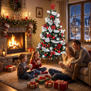 HOMCOM Árbol de Navidad con 200 LED Blanco Cálido 180 cm Árbol de Navidad Predecorado, 800 Ramas Abatibles, 8 Modos, Bolas, Cintas, Lazos, Mando, Base Metálica Plegable, Funciona con USB, Verde y Rojo