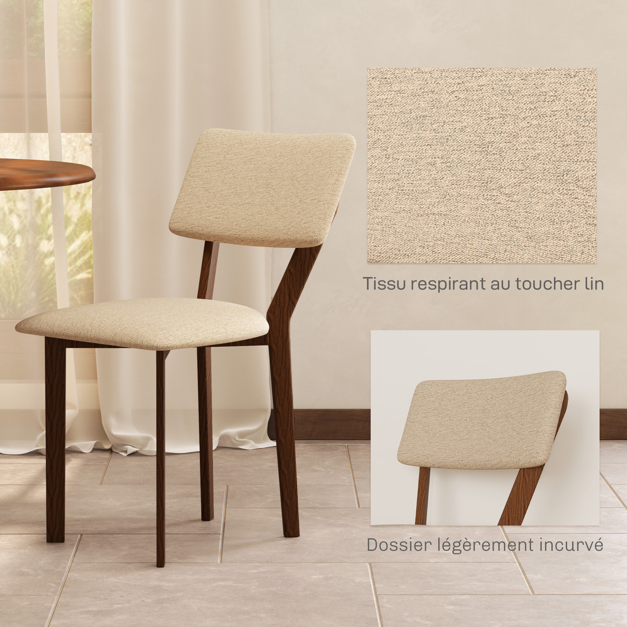 Lot de 2 chaises salle à manger style néo-rétro bois hévéa verni tissu effet lin beige