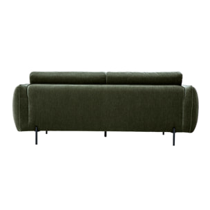 Canapé design 3 places en tissu effet velours vert kaki et métal noir TODD