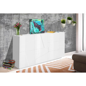 Credenza moderna a 2 ante e 3 cassetti, Made in Italy, Madia da cucina con dettaglio, Buffet di design da soggiorno, cm 143x44h86, colore Bianco lucido