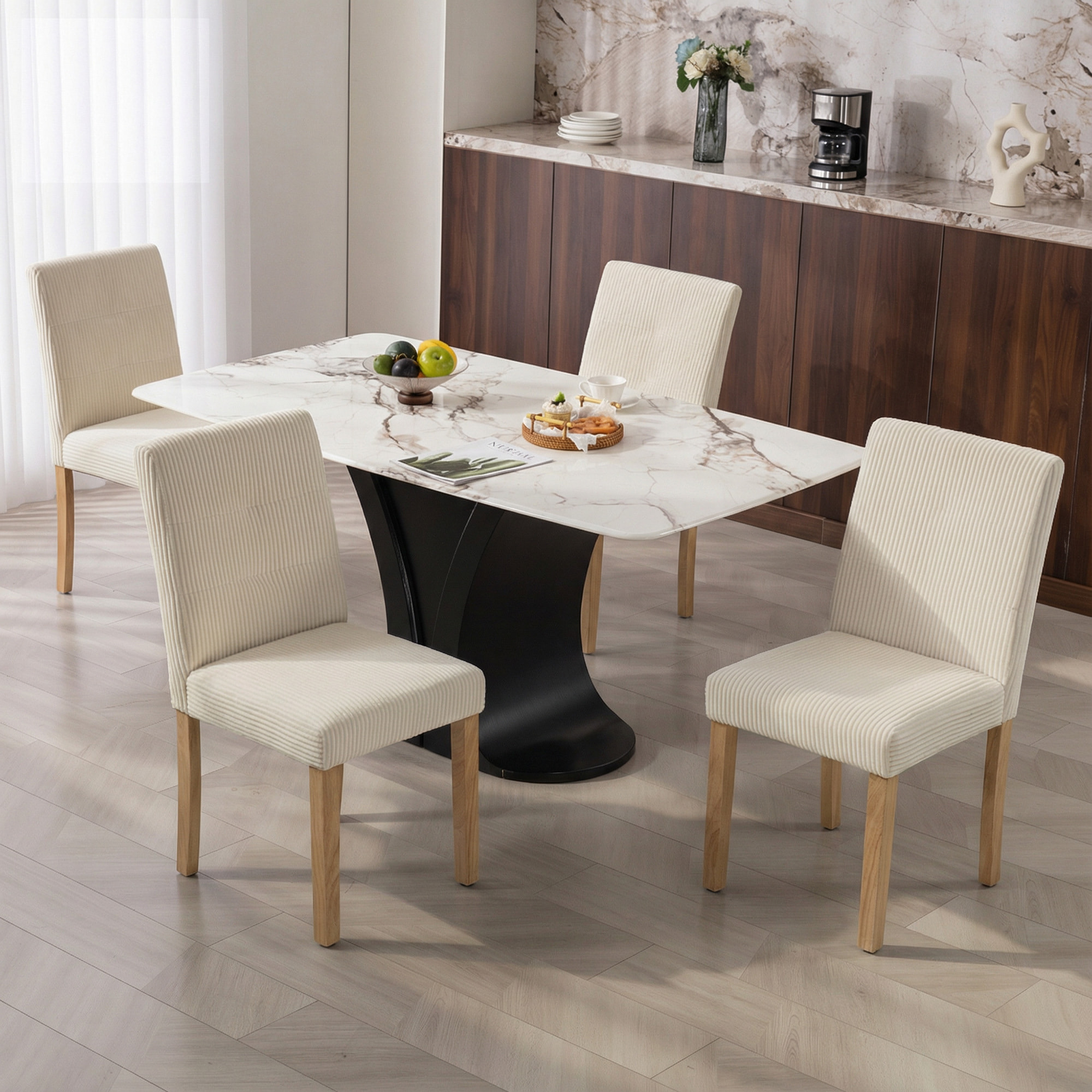 Pack de 4 Sillas de Comedor, Sillas de Cocinas Modernas, Respaldo Alto, Tapizadas en Pana, Asiento Acolchado, Patas de Madera, para Salón, Beige