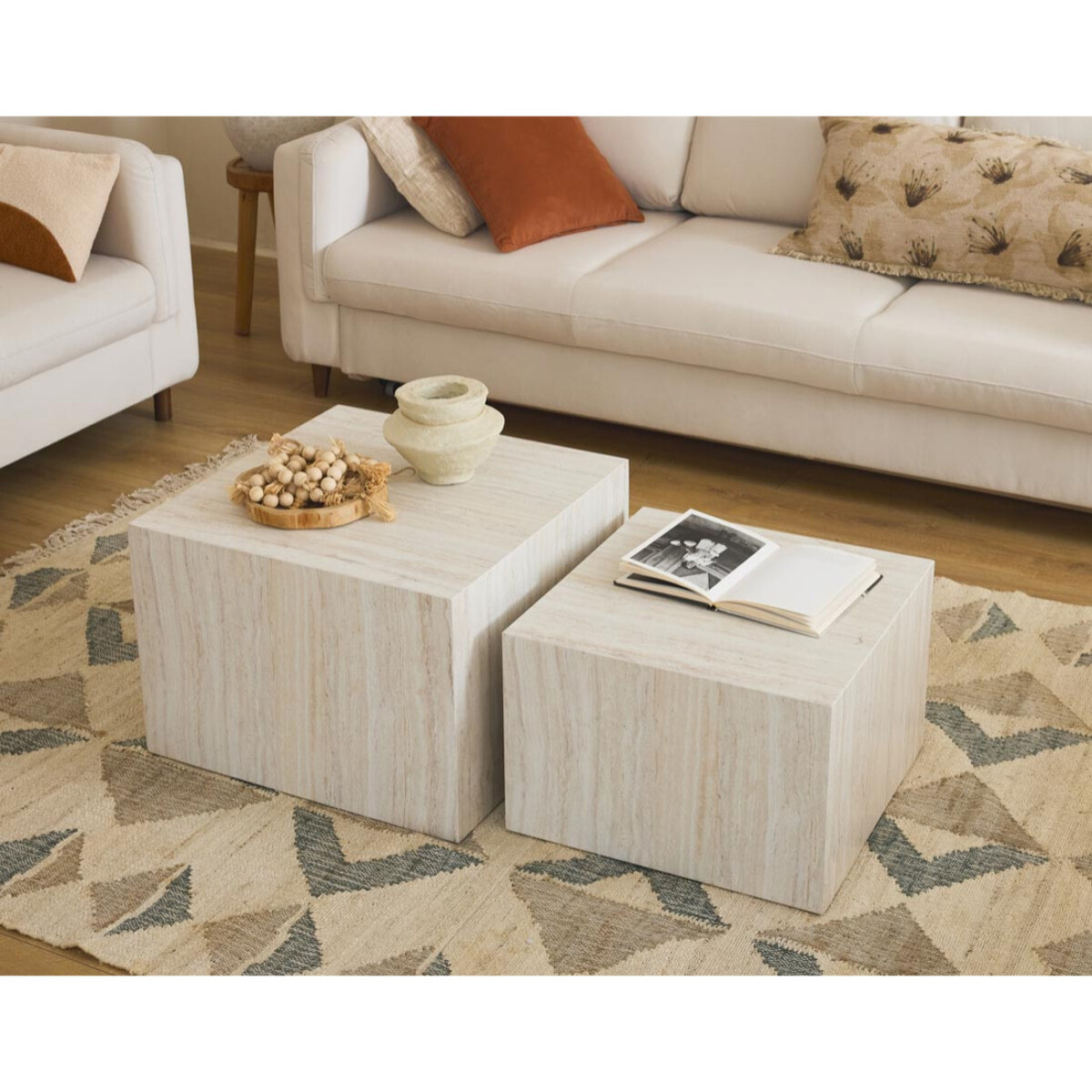 Pueblo - lot de 2 tables basses - effet travertin - 58 et 50 cm - Beige