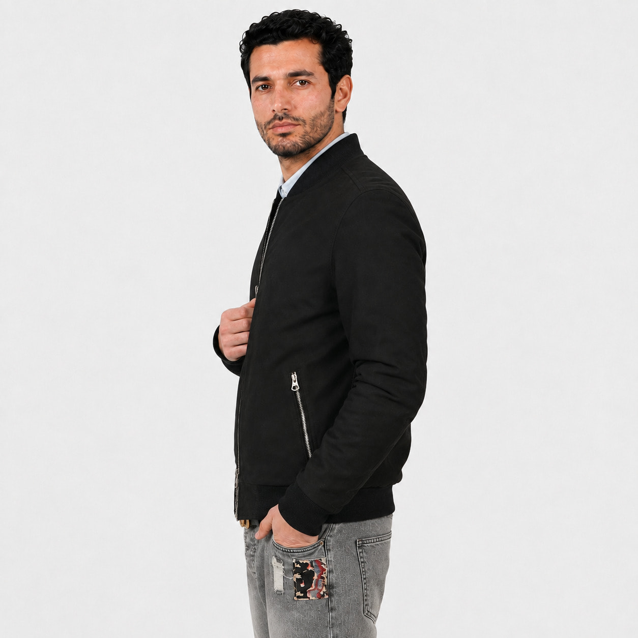 Giubbino in vera pelle di vitello scamosciata Nero-Slim Fit
