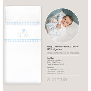 Triptico Cuna Parejita Elefante + Broche Bco/Azul