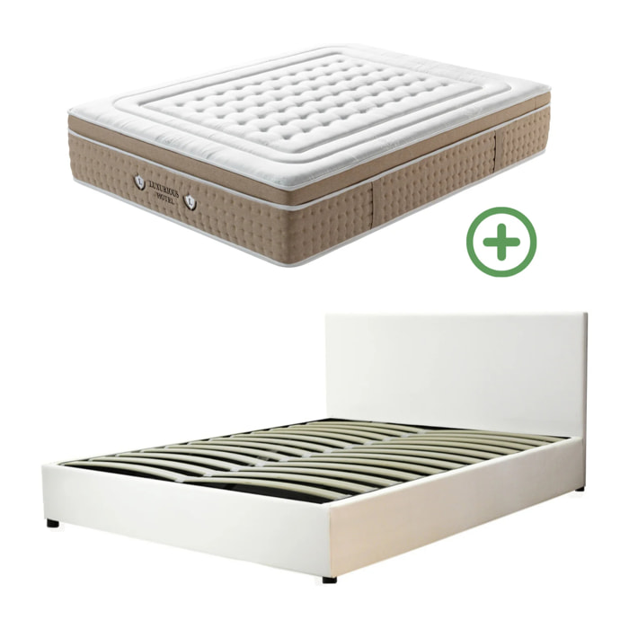 Ensemble matelas Bali & lit coffre Colisée | Mémoire de forme et ressorts ensachés | Grande capacité de stockage | Simili cuir | Blanc