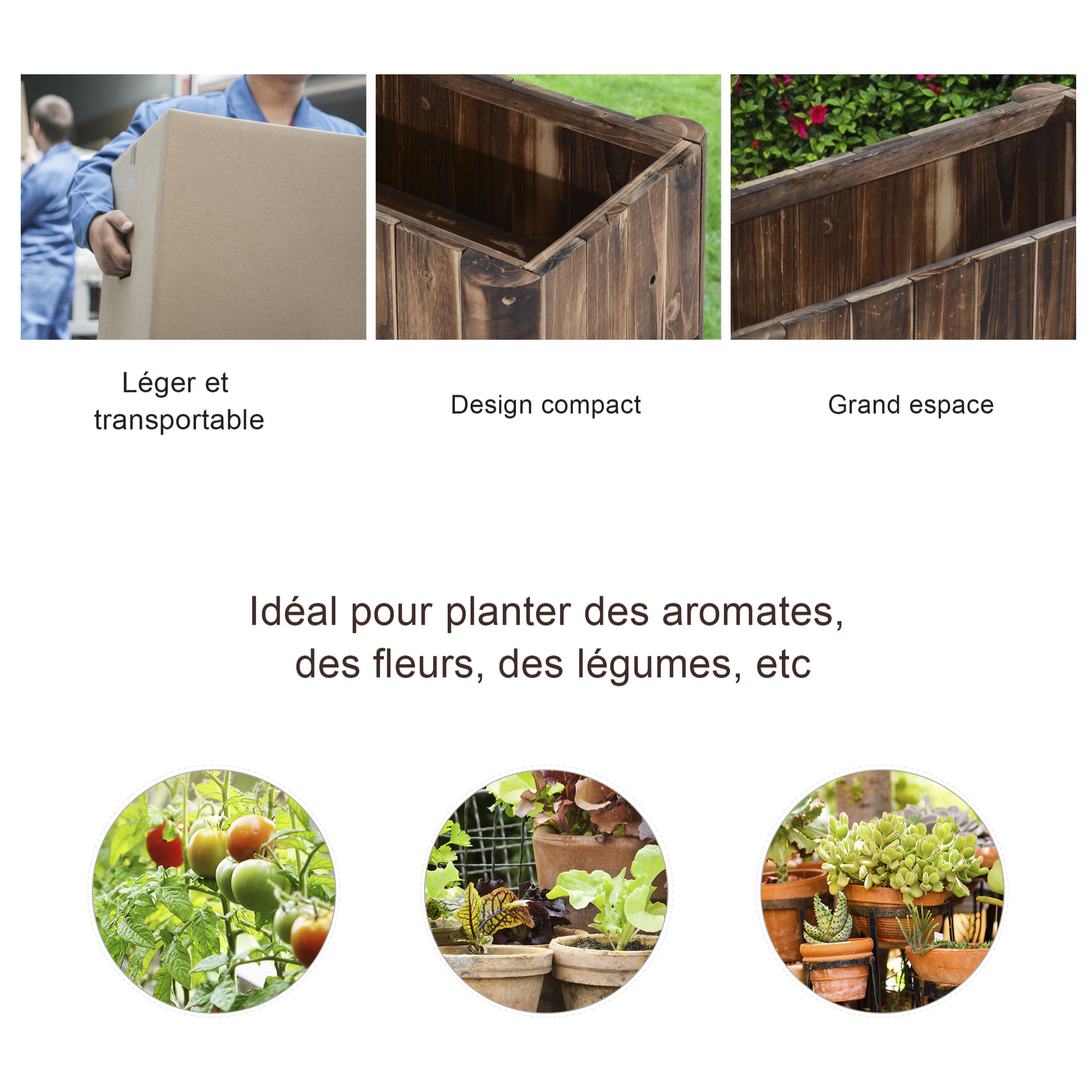 Jardinière sur pied bac à fleurs dim. 70L x 35l x 30H cm piètement demi rondin corps aspect lattes bois sapin traité carbonisation