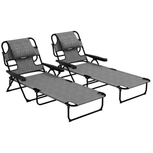 Conjunto de 2 Tumbonas Plegables Tumbonas de Jardín con Respaldo Ajustable en 4 Niveles Orificio de Lectura y Reposacabezas para Terraza Piscina 194x72x31 cm Gris