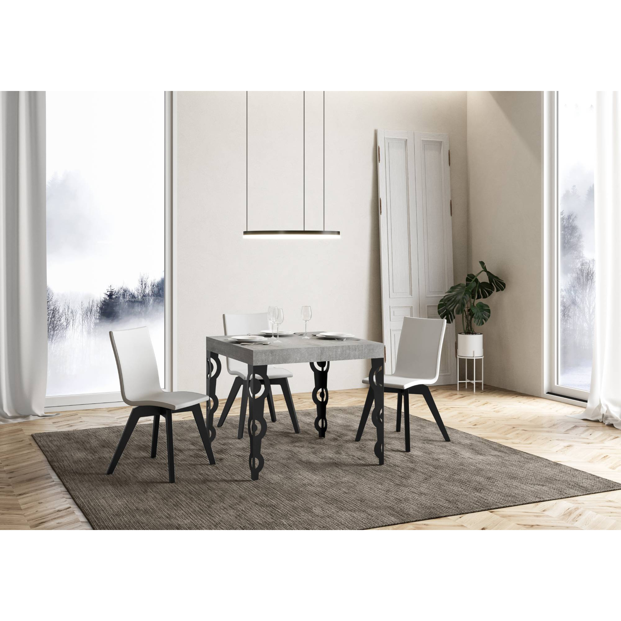 Table Karamay Extensible Dessus Ciment 90x90 Allongée 246 cadre Anthracite