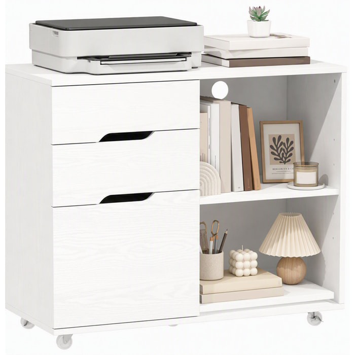 Mueble para Impresora con Ruedas, Mesa para Impresora con 3 Cajones, Barra Ajustable, 2 Estantes Abiertos y Asas, para Documentos Tamaño A4, Carta, Archivador Móvil para Oficina en Casa, Blanco