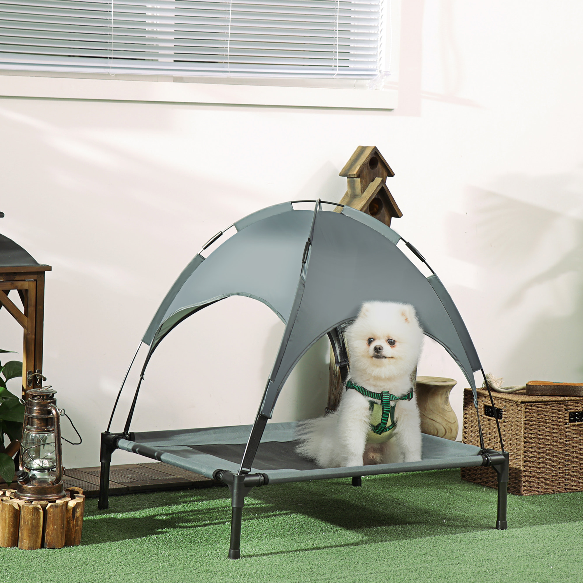 Cama Elevada para Mascotas Portátil con Toldo Extraíble Exterior 76x61x76 cm