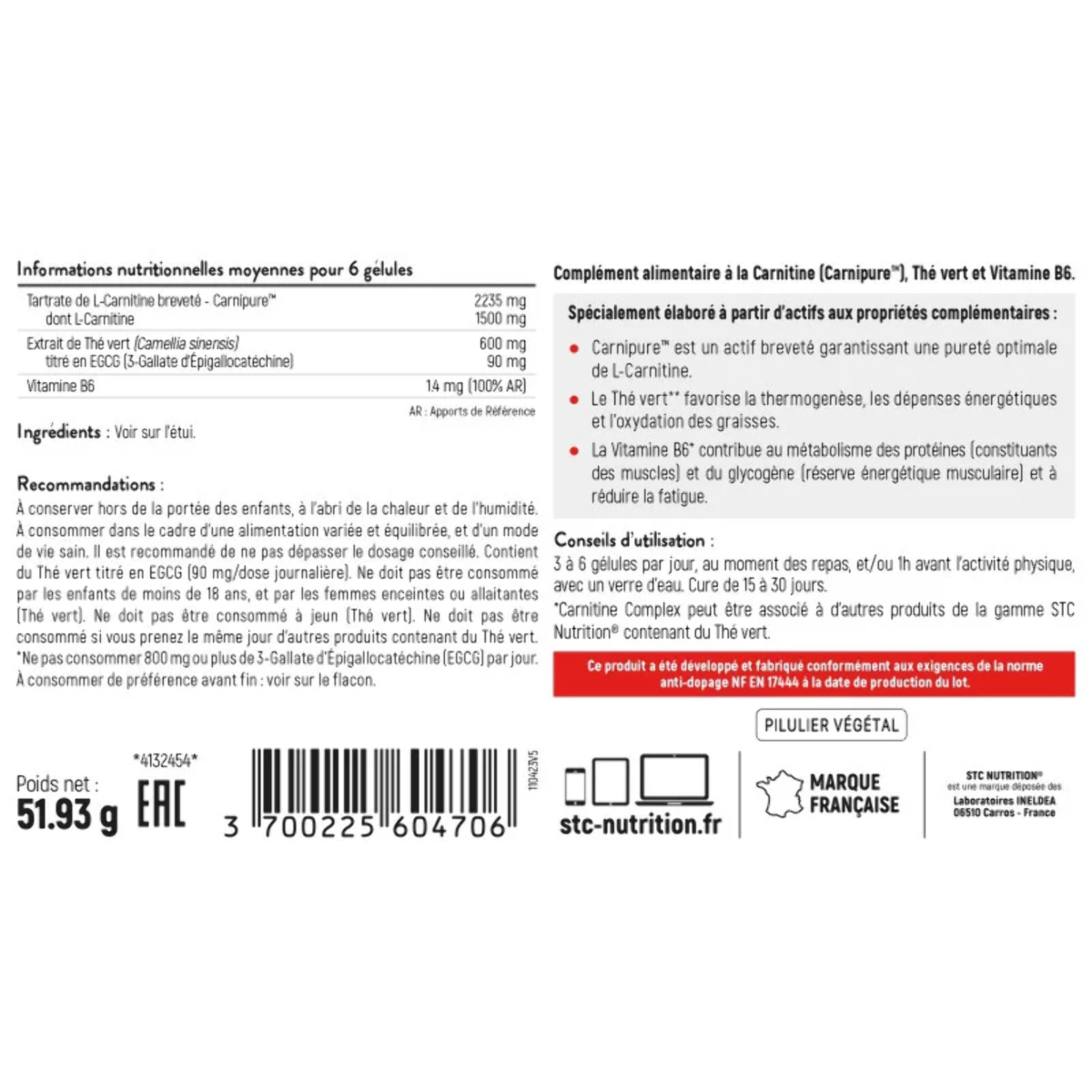 Carnitine Complex - Action brûle-graisses démontrée - Active la thermogénèse - 1500 mg L-Carnitine + Thé Vert - Vegan - Cure 30 jours